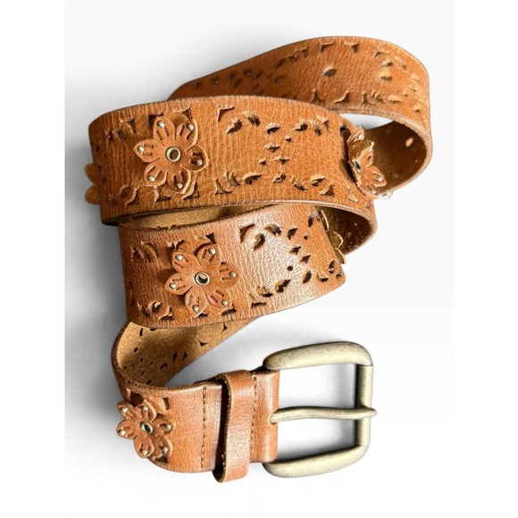 Express Accessories - Express Womens M 31-33 Brown Leather Wide Floral Cutout Belt w/ Buckle